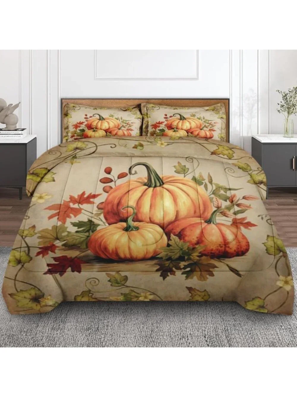 Cozy Fall Comforter Set of 3, King Size, Autumn Pumpkin Bedroom Decor